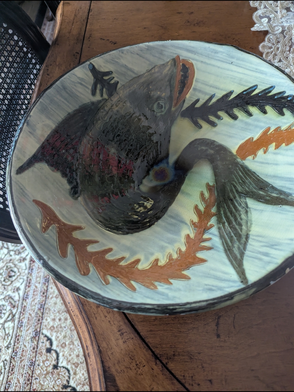 Decorative Fish Motif Ceramic Bowl in Blue and Brown